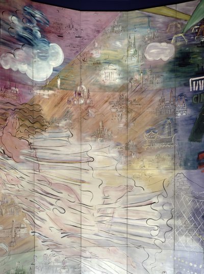 様々な都市が描かれた左側の詳細。 作： Raoul Dufy