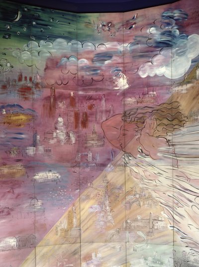 様々な都市が描かれた左側の詳細。 作： Raoul Dufy