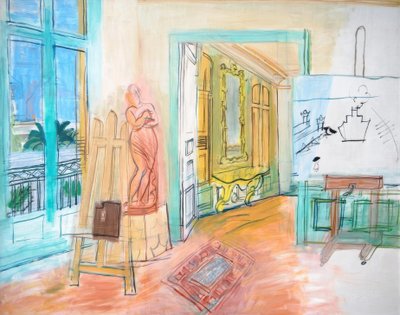 赤い彫刻のある画家のアトリエ 作： ラウル・デュフィ