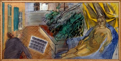 中庭でヌード。楽譜の前でチェロを弾く男と、それを聞く裸の女。 作： Raoul Dufy