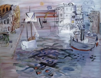帆船のある港、クロード・ロランへのオマージュ、1935年頃（油彩・カンヴァス） 作： Raoul Dufy