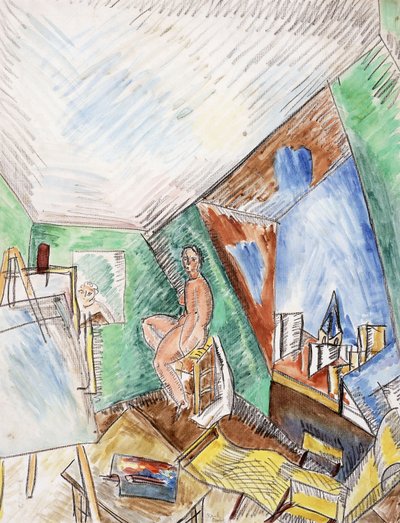 画家のアトリエ、セギエ通り、パリ、1909年頃（紙に水彩、黒クレヨン） 作： Raoul Dufy