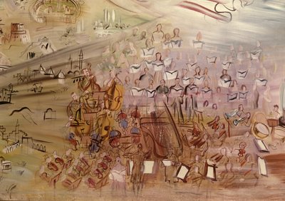 電気の物語』、『La Fee Electricite』のための習作、オーケストラを描いた左の部分の詳細 作： Raoul Dufy