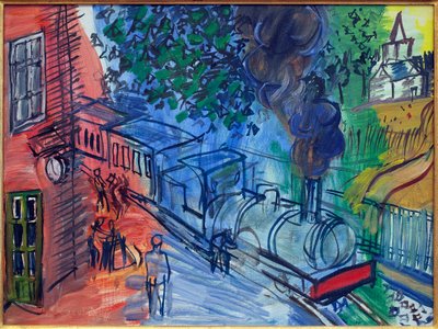 駅に向かう列車。ラウル・デュフィ（1877-1953）による絵画、油彩・キャンバス。フランス美術、20世紀。ピシーヌ美術館、ルーベ。 作： Raoul Dufy