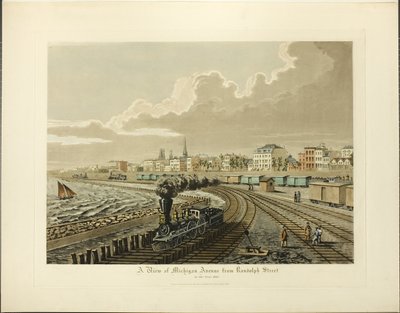 1865年のランドルフ・ストリートからのミシガン・アベニューの眺め 作： Raoul Varin