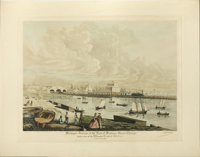 1864 年にイリノイ中央駅を望む、シカゴのマディソン通りのふもとにあるミシガン アベニュー 作： Raoul Varin