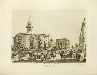 シカゴのラサールとランドルフの北西の角、1864 年の裁判所広場を示す 作： Raoul Varin