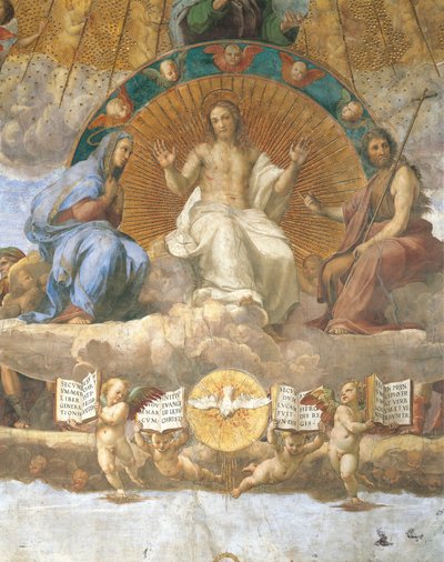 聖母マリアと洗礼者ヨハネに挟まれたキリスト、「聖餐式の論議」の詳細 作： Raphael