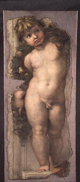 花綱をつけたプット（フレスコ画の断片） 作： Raphael