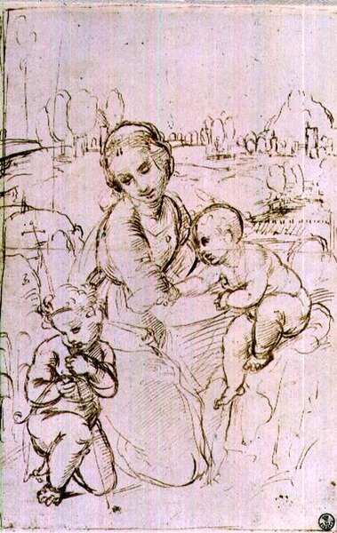 聖母子と幼い洗礼者ヨハネの習作（ペンとインク 作： Raphael