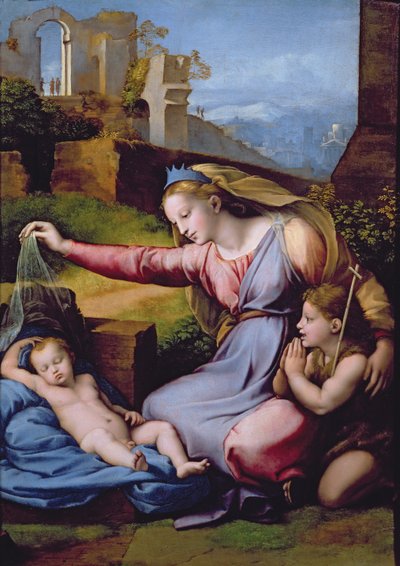 青い冠の聖母またはベールの聖母（パネルに油彩） 作： Raphael