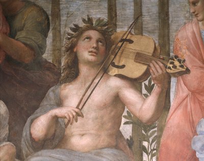 腕の竪琴を弾くアポロ、パルナッソスの詳細 作： Raphael (1483 1520)