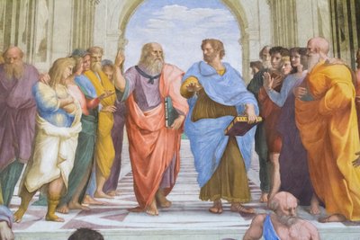 Aristóteles e Platão: detalhe da Escola de Atenas na Stanza della Segnatura 作： Raphael (1483 1520)