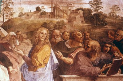 イタリアのルネッサンス芸術家ラファエルによるフレスコ画「秘跡の論争」の詳細 作： Raphael (1483 1520)