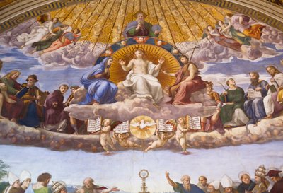聖なる秘跡の論争の詳細、c.1509-10（フレスコ画） 作： Raphael (1483 1520)