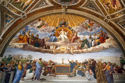 Stanza della Segnatura (新鮮な) の神聖な秘跡の論争 作： Raphael (1483 1520)