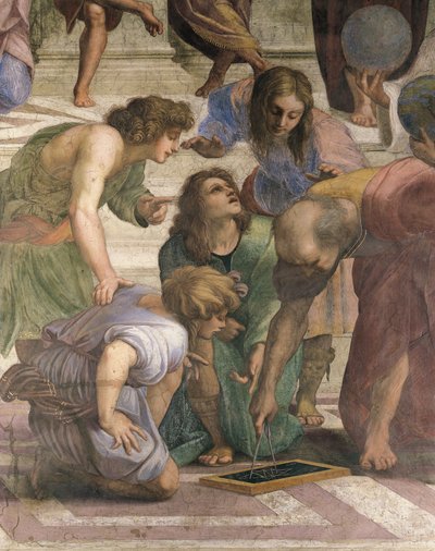 コンパスで六芒星を描くユークリッド、アテネ学派の詳細 作： Raphael (1483 1520)