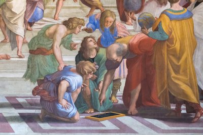 Euclid または Archimedes: Stanza della Segnatura のアテネ学派の詳細 作： Raphael (1483 1520)