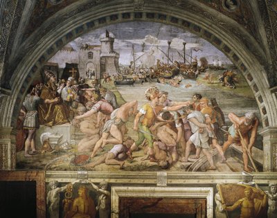 ラファエロ・サンツィオ（1483-1520）とその弟子たちが描いたオスティアの戦いを描いたフレスコ画「Stanza dell