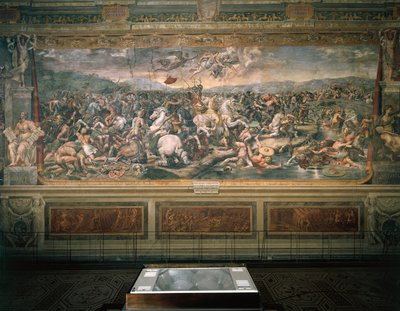 ラファエロ・サンツィオ（1483-1520）とそれに従う者たち（1517-1524）によるポンテ・ミルヴィオの戦いを描いたフレスコ画、ヴァチカン宮殿ヴァチカン・ルームのサラ・ディ・コスタンティーノ。 作： Raphael