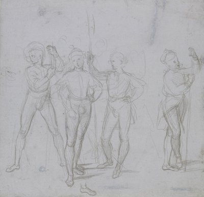 立っている4人の兵士のグループ（オフホワイトの紙にブルーグレーの下地にシルバーポイントで描いたもの 作： Raphael