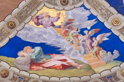 ヤコブの夢、スタンザ・ディ・エリオドーロの天井、ヘリオドロスの部屋（フレスコ画） 作： Raphael (1483 1520)