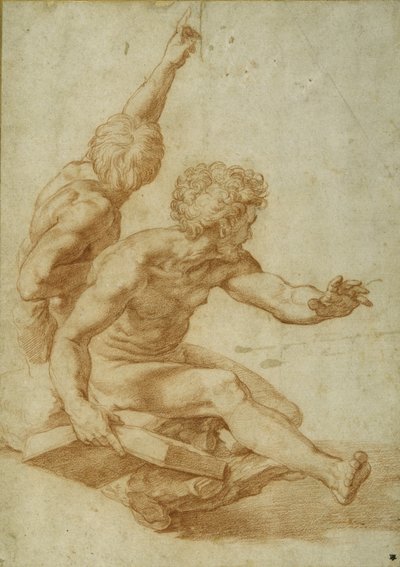 変容」における聖アンデレと他の使徒のヌード習作、1517年頃（クリーム色の紙にスタイラスで描いた上に赤チョークで描いたもの 作： Raphael