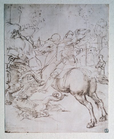 セント・ジョージとドラゴン - ドローイング、1505年頃 作： Raphael