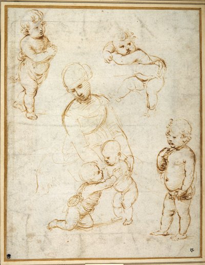 草原の聖母」のための習作、1505年頃（紙にペンと茶色のインク 作： Raphael