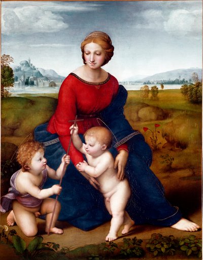 大草原の聖母」または「ベルヴェデーレの聖母」 ラファエロ（Raffaello Sanzio 1483-1520）の絵画 1506年 日。113 X 88 cm ウィーン美術史博物館 作： Raphael