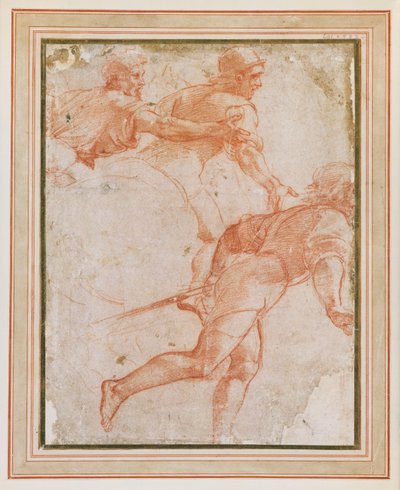 右に走る兵士と腕を伸ばした騎馬騎士2人 作： Raphael