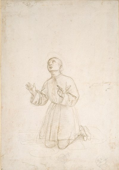 若者のひざまずく人物、c1503 作： Raphael