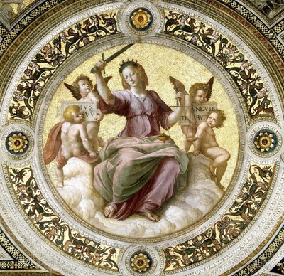 スタンツァ デッラ セグナトゥーラのレディー ジャスティスのフレスコ画、1510～1511 年頃。 作： Raphael