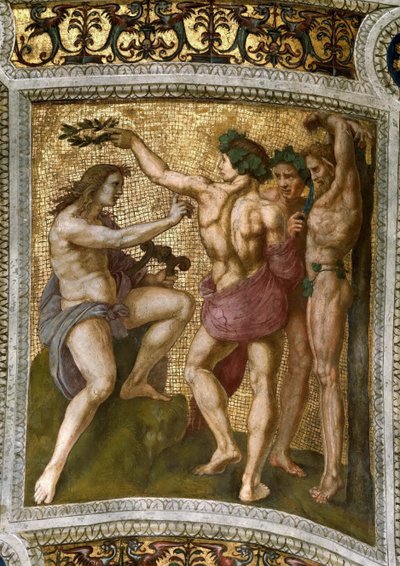 マルシュアスとアポロ。 Stanza della Segnatura のフレスコ画の天井、1510～1511 年頃。 作： Raphael