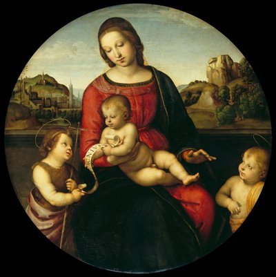 マリアと子供、洗礼者ヨハネと聖なる少年マドンナテラヌオーヴァ、c。 1505 作： Raffaello Sanzio Raphael