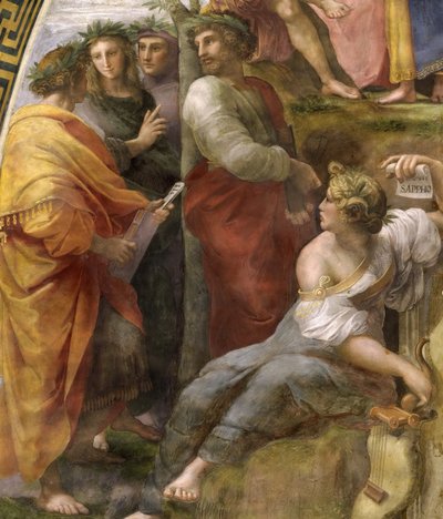 パルナサス。 詳細。 スタンツァ デッラ セニャトゥーラのフレスコ画、1510 ～ 1511 年頃。 作： Raphael