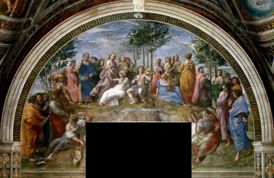 スタンツァ デッラ セニャトゥーラのパルナッソスのフレスコ画、1510～1511 年頃。 作： Raphael