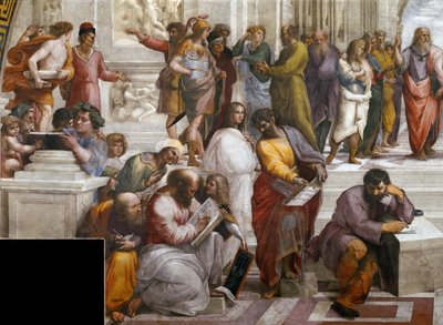 アテネの学校。 詳細。 スタンツァ デッラ セニャトゥーラのフレスコ画、1510 ～ 1511 年頃。 作： Raphael