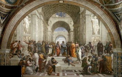 アテネの学校。 スタンツァ デッラ セニャトゥーラのフレスコ画、1510 ～ 1511 年頃。 作： Raphael
