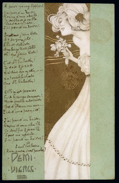 半分処女とポール・ヴェルレーヌの詩-ポストカード、ラファエル・キルヒナー（1876-1917）作、XX世紀初頭 作： Raphael Kirchner