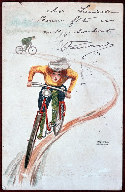 自転車に乗る女性の絵葉書-R.キルヒナーの絵、1900年頃。 作： Raphael Kirchner
