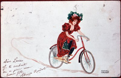 自転車に乗る女性の絵葉書-R.Kirchnerのイラスト、v.1900 作： Raphael Kirchner