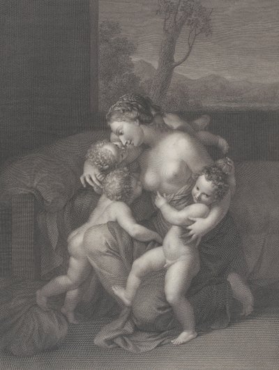1795 年、3 人の小さな子供たちとの慈善活動。 作： Raphael Morghen