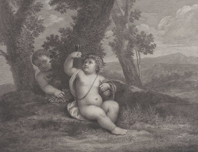 木の下に座ってワイングラスを持ち上げる幼いバッカスと、その後ろにもう一人の幼児、1780年 作： Raphael Morghen