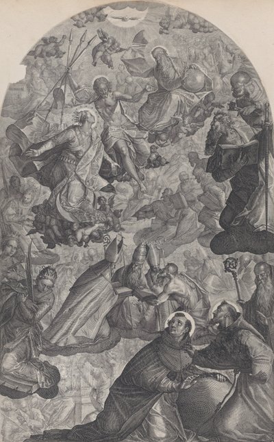 聖ドミニクのビジョン、父なる神とキリストが中央上部にある聖母スタン...、1607年。 作： Raphael Sadeler II