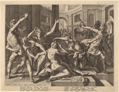 サムソンの髪を切るデリラ 作： Raphael Sadeler I after Joos van Winghe
