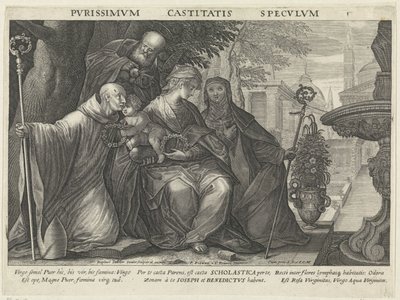 聖ベネディクトと聖スコラスティカとの聖家族 純潔の鏡 Pvrissimvm Castitatis Specvlvm (オブジェクトのタイトル) 服従、純潔、貧困の鏡（シリーズタイトル） 作： Raphaël Sadeler (II)