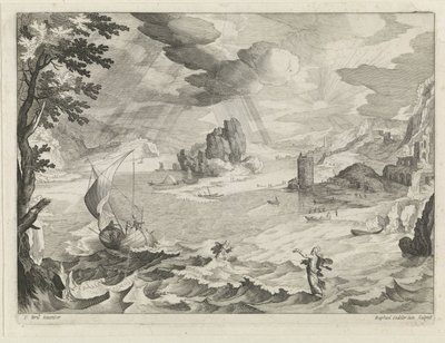 ガリラヤの海の嵐の中でキリストと弟子たちと海の風景 作： Raphaël Sadeler (II)