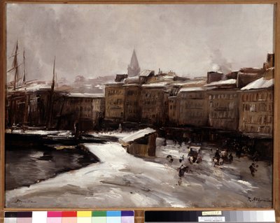 ケ・デュ・ポール、マルセイユ、雪の下 レイモン・アレグレ (1857-1933) 作 薄さ 56x74 cm。 必須の言及: Regards de Provence Marseille Foundation Collection 作： Raymond Allegre