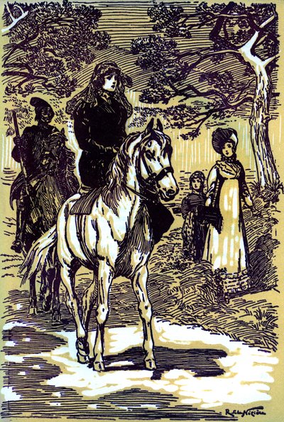 喪服姿で馬に乗ったコロンバ、コルシカの農民が続く 作： Raymond de la Neziere